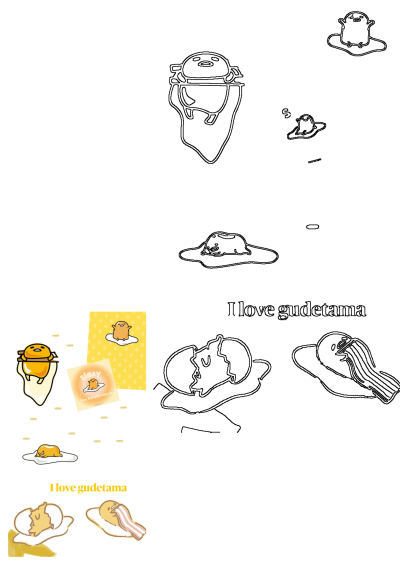 Gudetama lazy egg illustrations showing the character in diverse poses, including with bacon, broken eggshell, and 'I love Gudetama' text.