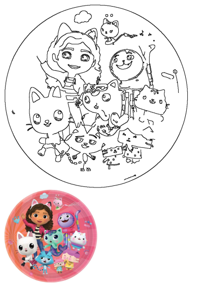 Gabby's Dollhouse 23cm round paper plates, 8 pack, featuring Gabby and her cat friends for a fun birthday party.