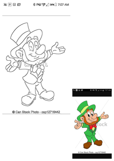 A cheerful cartoon leprechaun waving, dressed in a green suit with a red bow tie, shown as both a colored illustration and an outline.