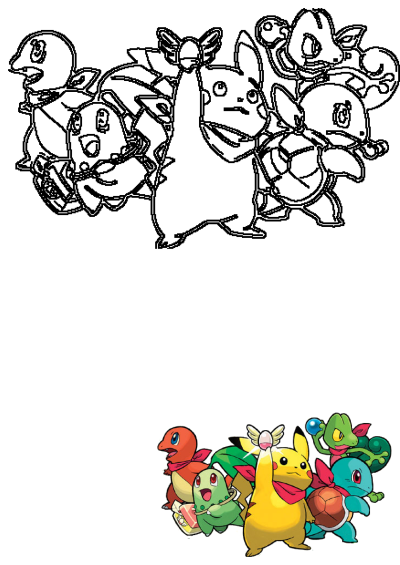 Outline art and a vibrant group shot of Pikachu, Charmander, Squirtle, Treecko, and Chikorita wearing red bandanas.