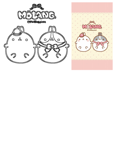 Cute Molang Animals Pink Bows: Two adorable Molang bunnies with pink accessories on a heart background, shown in color and outline.