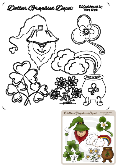 St. Patrick's Day outlines: cartoon leprechaun, shamrocks, clover, rainbow, pot of gold, and flowers for festive projects.
