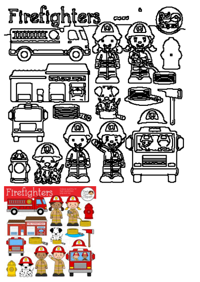 Firefighter cliparts: diverse firefighters, dalmatian dogs, fire trucks, station, hydrants, hoses, axes. Includes color & outline.