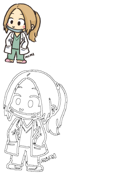 A cute cartoon doctor illustration, a girl with a ponytail wearing a light blue mask, white lab coat, and green scrubs, on a white background.