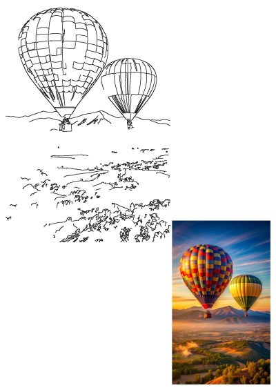 Colorful hot air balloons flying over a vibrant mountainous landscape, illuminated by the warm hues of a sunrise/sunset sky.