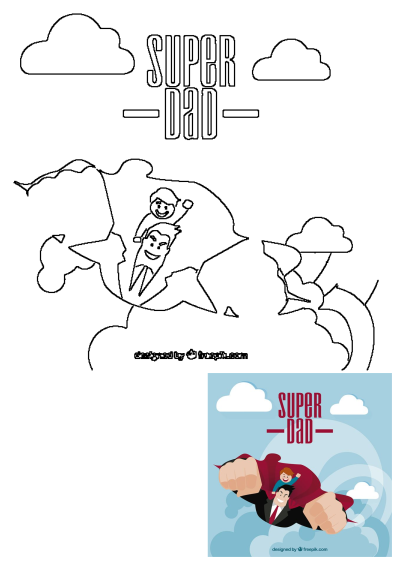 Super Dad flying with his son, presented as a cartoon outline. The hero father carries his happy boy through the clouds in this dynamic illustration.