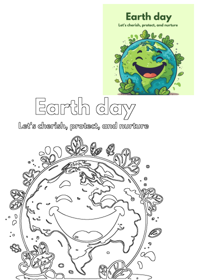 Earth Day cartoon illustration featuring a happy, leafy planet and its outline version, promoting 'cherish, protect, and nurture.'