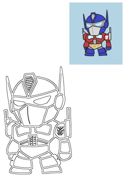 A vibrant cartoon chibi Optimus Prime from Transformers, presented with its black outline version for coloring.