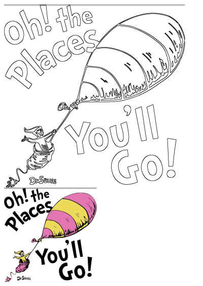 Dr. Seuss Oh The Places You'll Go poster featuring the iconic character with a striped balloon. Displays a colored illustration and an outline version.