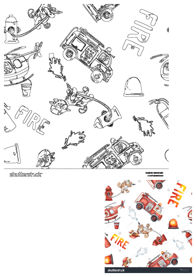Seamless outline pattern of firetrucks, teddy bears as firefighters, helicopters, fire hydrants, and equipment. Ideal for children's wallpaper.