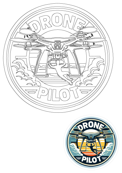 Drone pilot sticker design showing a person with a camera, in an action pose hanging from a drone. Features 'DRONE PILOT' text.