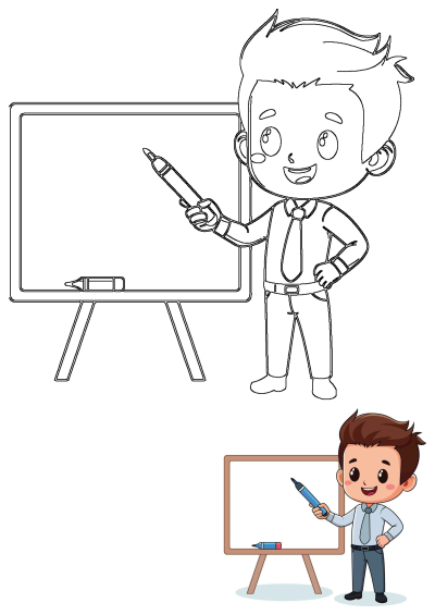 A friendly cartoon man, possibly a teacher or presenter, stands by a whiteboard with a marker, ready to illustrate a point.
