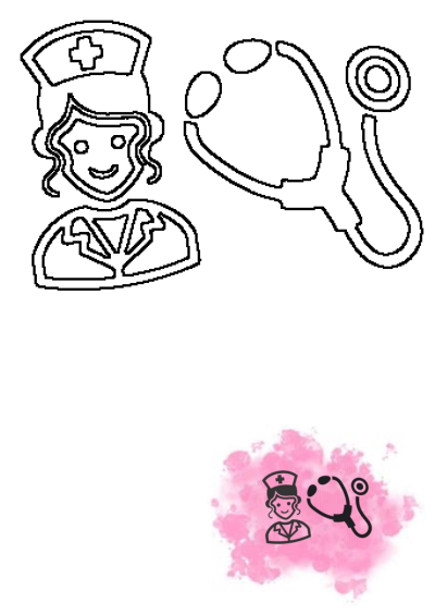 A friendly cartoon nurse and stethoscope on a soft pink cloud. Features both a clear graphic and larger outline versions.