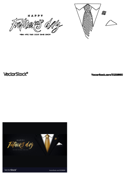 Happy Father's Day banner on a black background, featuring a golden striped tie, white shirt, and a '#1 DAD' pin.