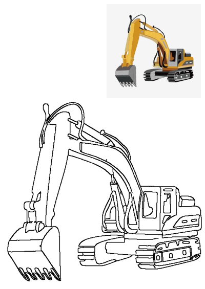 An isolated yellow excavator construction vehicle illustration with a black outline drawing below. Perfect for kids' activities and design.