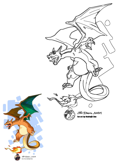 Vibrant Charizard fan art, a fire-breathing dragon Pokémon, alongside its detailed line art sketch by Subhajit Das.