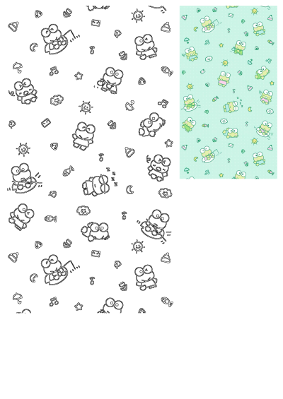 A kawaii Sanrio Keroppi frog pattern on a light green background, presented with its black and white outline version.