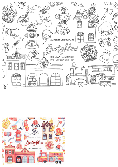 Vibrant watercolor firefighter clipart featuring a fire truck, fire station, dalmatian, helmet, hydrant, axe, and fire-related elements.