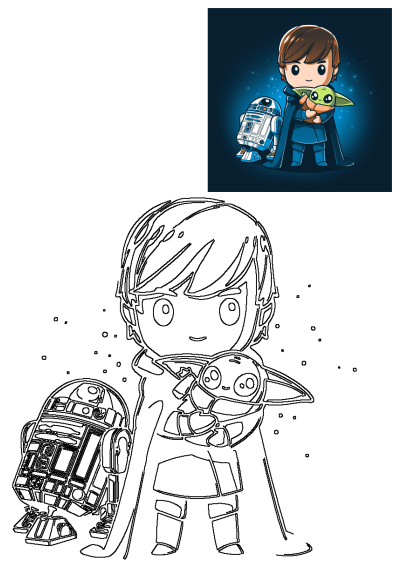 Chibi cartoon of Luke Skywalker holding Baby Yoda (Grogu) and R2-D2, a delightful Star Wars coloring page.