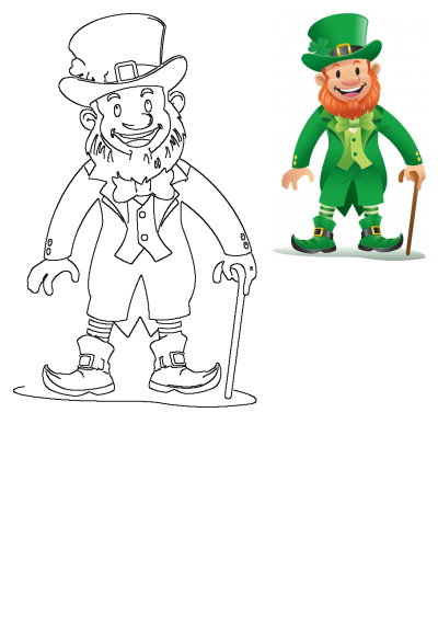 A cheerful cartoon leprechaun in a vibrant green suit, top hat with a shamrock, and red beard, happily holding a cane.