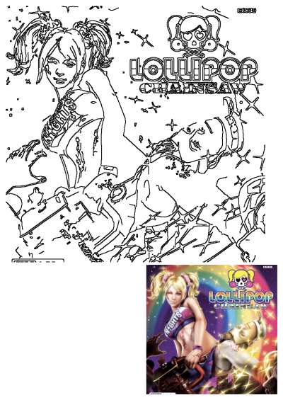 Lollipop Chainsaw game cover outline featuring Juliet Starling, the zombie hunter cheerleader, with her iconic chainsaw over a zombie.