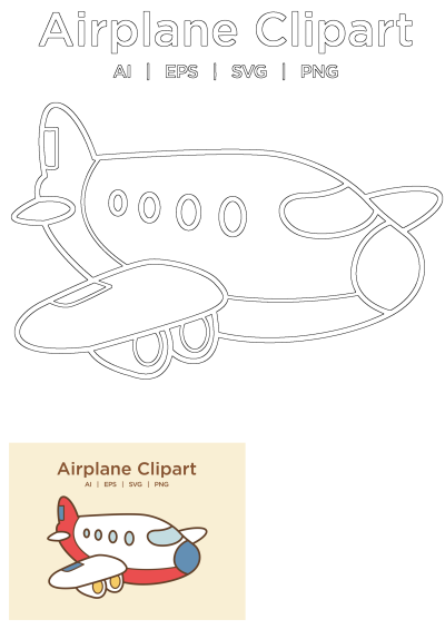 A charming cartoon airplane vector illustration, featuring both an outline design and a vibrant colored version, ideal for children's projects or travel graphics.