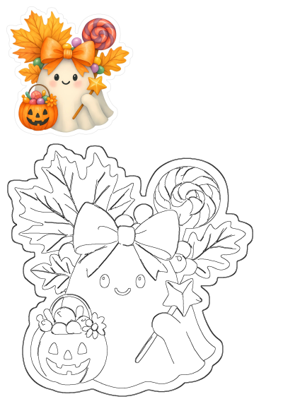 Cute Halloween Ghost with orange bow, autumn leaves, star wand, and a pumpkin bucket filled with candy and a lollipop for trick or treat.