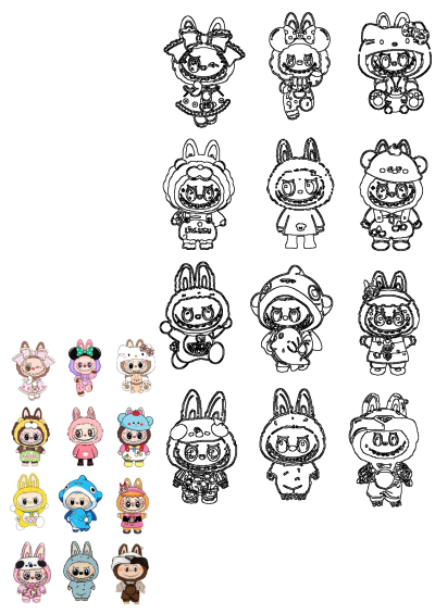 A collection of cute cartoon characters in whimsical animal costumes, featuring both colorful illustrations and outline designs.