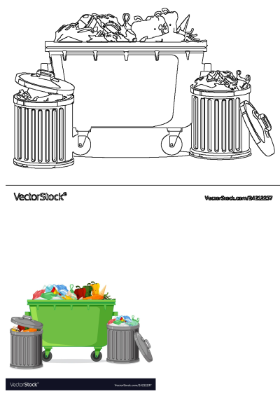 Vibrant illustration of a green dumpster overflowing with colorful trash, flanked by two grey trash cans also full of garbage.