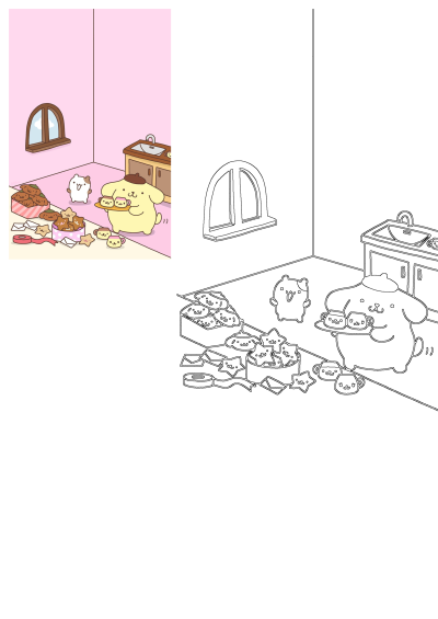 Pom Pompurin, a cute animal, serves pudding with Muffin amidst cookies and ribbons in a charming pink room.