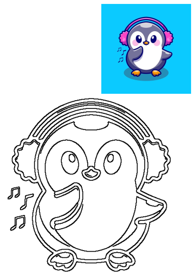 Vibrant cartoon penguin illustration with pink headphones enjoying music, alongside its black and white outline for creative coloring.