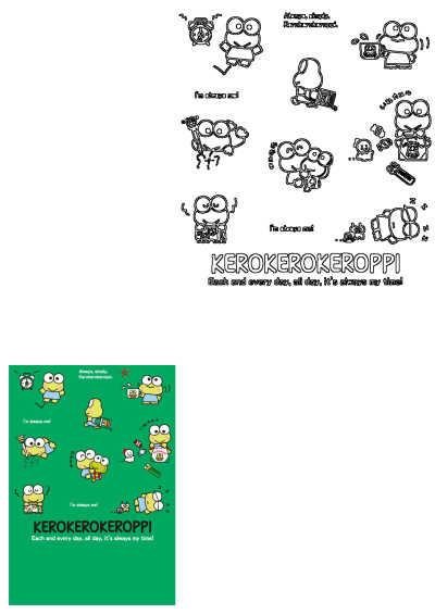 Kerokerokeroppi character poster illustrating the beloved frog's daily life and various expressions on a vibrant green background.