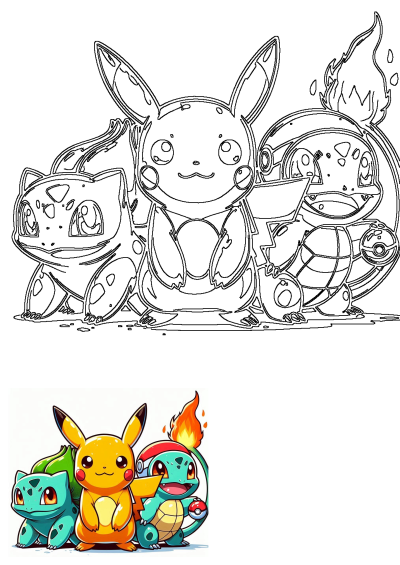 Cute Pokemon characters Pikachu, Bulbasaur, and fiery Charmander are depicted in both line art for coloring and a vibrant illustration.