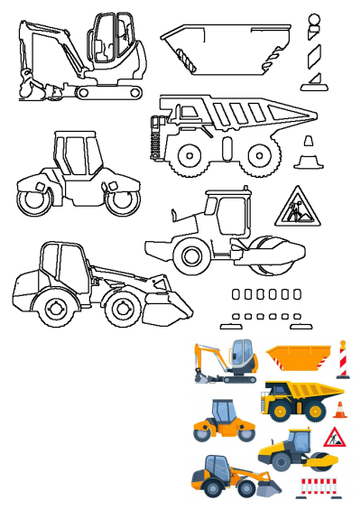 A collection of construction vehicles and road signs in both outline and vibrant colored illustration styles. Includes excavator, dump truck, road roller, loader, traffic cone, and construction warning sign for building site visuals.