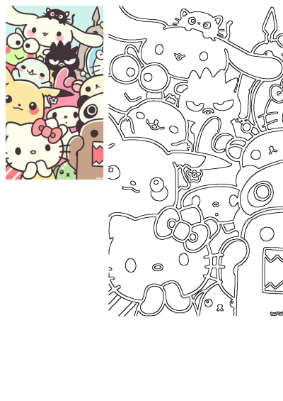 Colorful kawaii Sanrio character collage, including Hello Kitty, Cinnamoroll, and friends, alongside a matching black-and-white outline design.