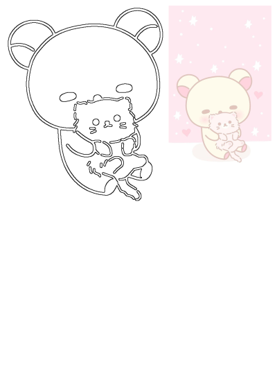 A cute cartoon bear with pink cheeks gently hugging a small pink kitten, set against a soft pink background with white stars and hearts, presented alongside its black outline version.