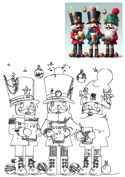 A vibrant Christmas nutcracker trio in colorful illustration holding festive drinks. Below, a detailed outline drawing of the characters.
