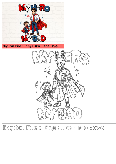 Father and son in Superman-style capes, holding hands, with 'MY HERO' and 'MY DAD' text. Perfect digital SVG for family.