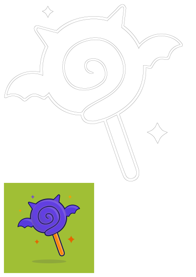 A vibrant purple Halloween bat lollipop candy with a spiral swirl and an orange stick, set against a bright green background.