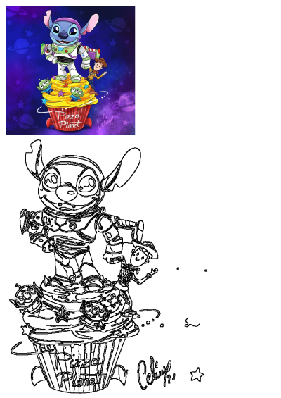 Stitch as Buzz Lightyear stands on a Pizza Planet cupcake with Toy Story aliens and Woody in a vibrant space scene.