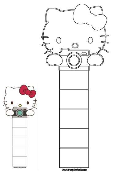 Hello Kitty, in both outline and colored forms, holding a camera with a vertical photo strip design. Ideal for crafts, projects, and printing.