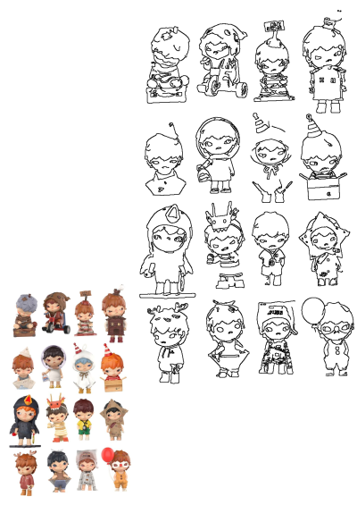 Collection of unique, colorful boy and girl figurines in various costumes, displayed on a white background, accompanied by matching line art outlines.