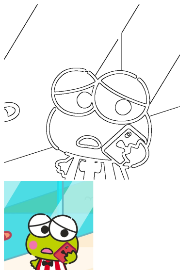 Outline of an angry green frog cartoon character with a striped shirt, holding a phone and looking at the camera.