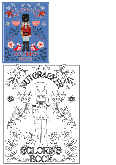 Vibrant Nutcracker soldier design with festive floral borders and charming mice, shown in both color and outline versions for a holiday activity book.