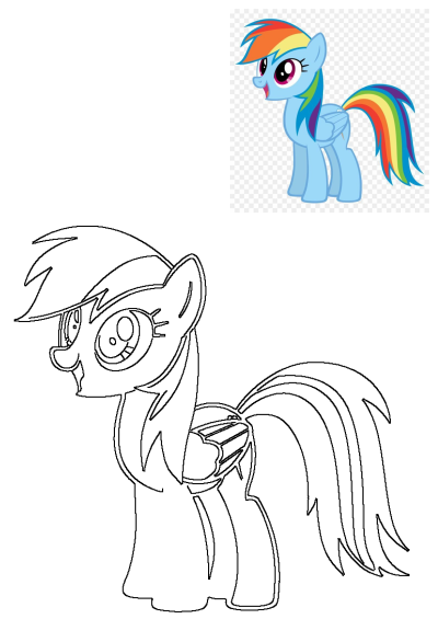 Rainbow Dash My Little Pony character illustration with a happy expression, shown alongside its outline art version for fun activities.