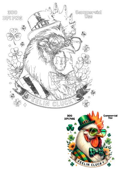 St. Patrick's Day chicken design. Festive chicken with leprechaun hat, sunglasses, plaid bow tie, shamrocks, and 'Feelin Clucky' banner.