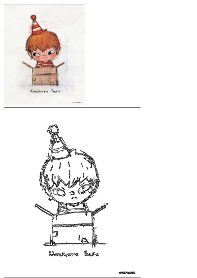 Pop Mart's 'Nowhere Safe' illustration features a grumpy boy with reddish-brown hair and a striped party hat in a box.