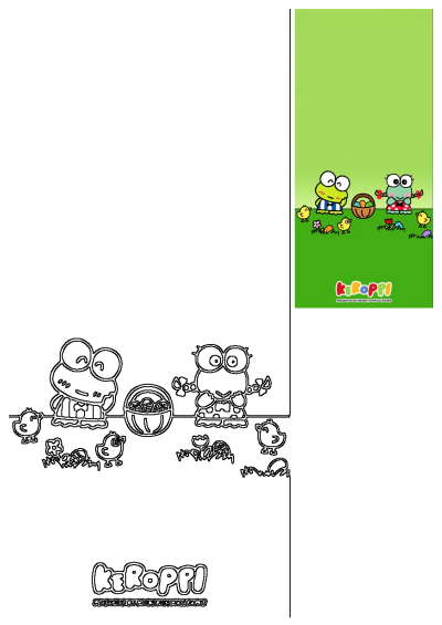 Keroppi and friend (Keroleen) on an Easter egg hunt, collecting colorful eggs in a grassy field with yellow chicks.