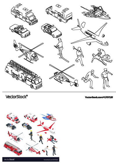 Emergency vehicles flat 3D icons set, also featuring outlines of ambulances, police, fire, and rescue personnel for drawing.