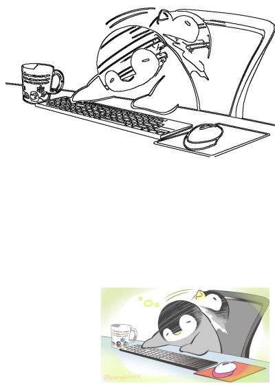 Cute cartoon features two tired penguins napping at a computer desk; one sleeps on the keyboard, another in the chair, with a mug.